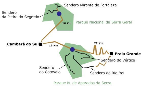 Mapa esquemático de los senderos más importantes de los cañones. Imagen Guiarte Copyright