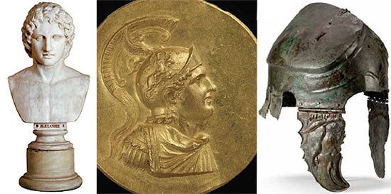 Busto y moneda con el retrato de Alejandro y casco del ejército macedónico