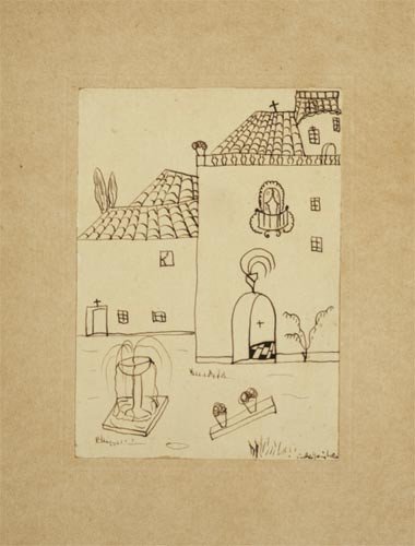 Federico García Lorca. Paisaje, s/f. Tinta marrón sobre papel pegado a cartón. En Malba-Fundación Constantini