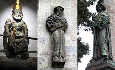 Tres personajes históricos vinculados a Zurich: Carlomagno, estatua en la cripta de la Grossmunster; Bullinger, en la pared norte de la Grossmuster, y Zwinglio, estatua ante la Wasserkirche. Imágenes
