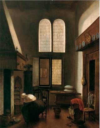 Jacobus Vrel. Interior con una mujer sentada junto al hogar, 1654. Óleo sobre tabla. Colección Carmen Thyssen-Bornemisza en depósito en el Museo Thyssen-Bornemisza.