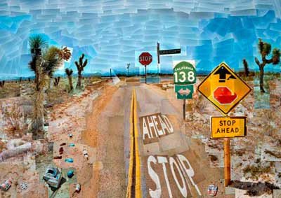 "Pearblossom hwy., 11. April 1986. Photographic collage. © David Hockney Collection: The J. Paul Getty Museum, Los Angeles.