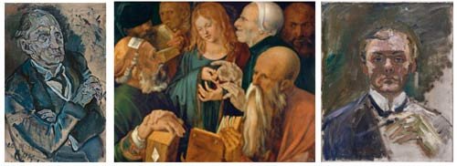 Oskar Kokoschka. Retrato de Max Schmidt, 1914; Alberto Durero. Jesús entre los doctores, 1506; y Max Beckmann. Autorretrato con la mano levantada; en el Thyssen Bornemisza
