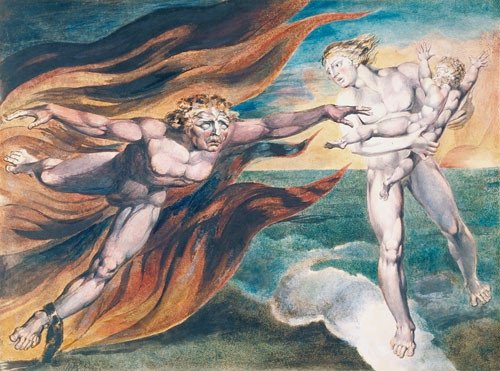 William Blake. El ángel bueno y el ángel malo. 1795, ¿h. 1805?. Grabado en color acabado en tinta y acuarela sobre papel. © Tate